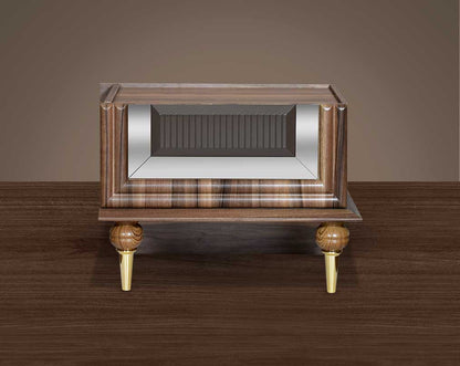 This beautiful art deco stylish side table is fashioned with a light walnut veneer with a mirror frame front view