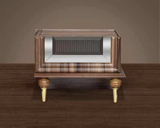 This beautiful art deco stylish side table is fashioned with a light walnut veneer with a mirror frame front view