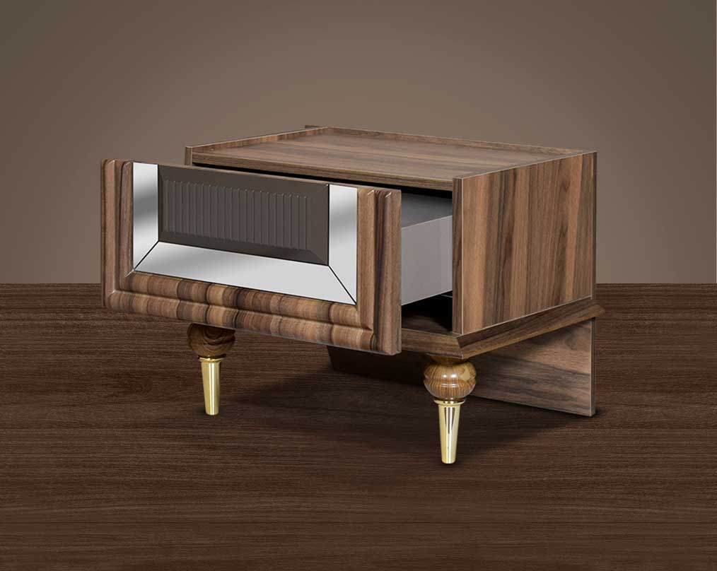 This beautiful art deco stylish side table is fashioned with a light walnut veneer with a mirror frame open drawer