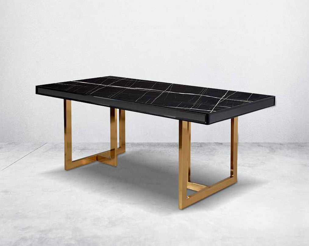 This 6-seater dining table comes with a black imitation Italian marble top & mirror frame/border with a stainless steel gold finished base in modern design.