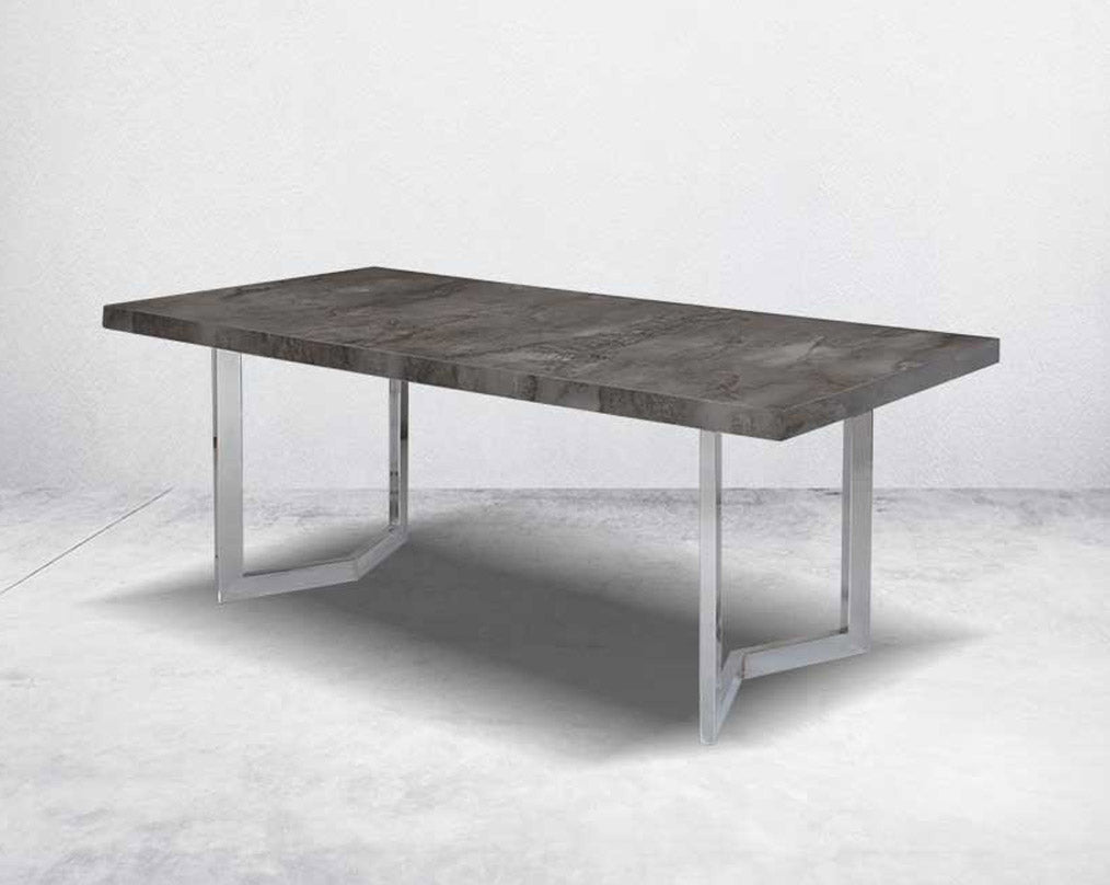 This 6-seater dining table comes with an iron grey imitation Italian marble top with a stainless steel gloss finished base in modern design.