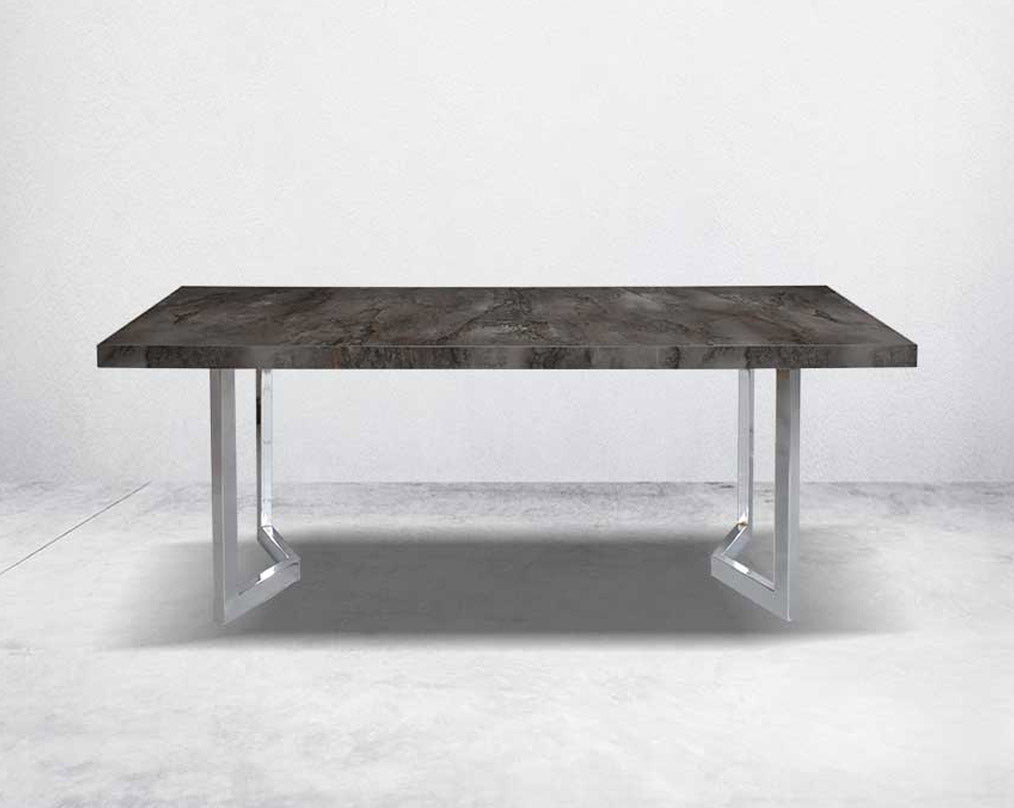 This 6-seater dining table comes with an iron grey imitation Italian marble top with a stainless steel gloss finished base in modern design.