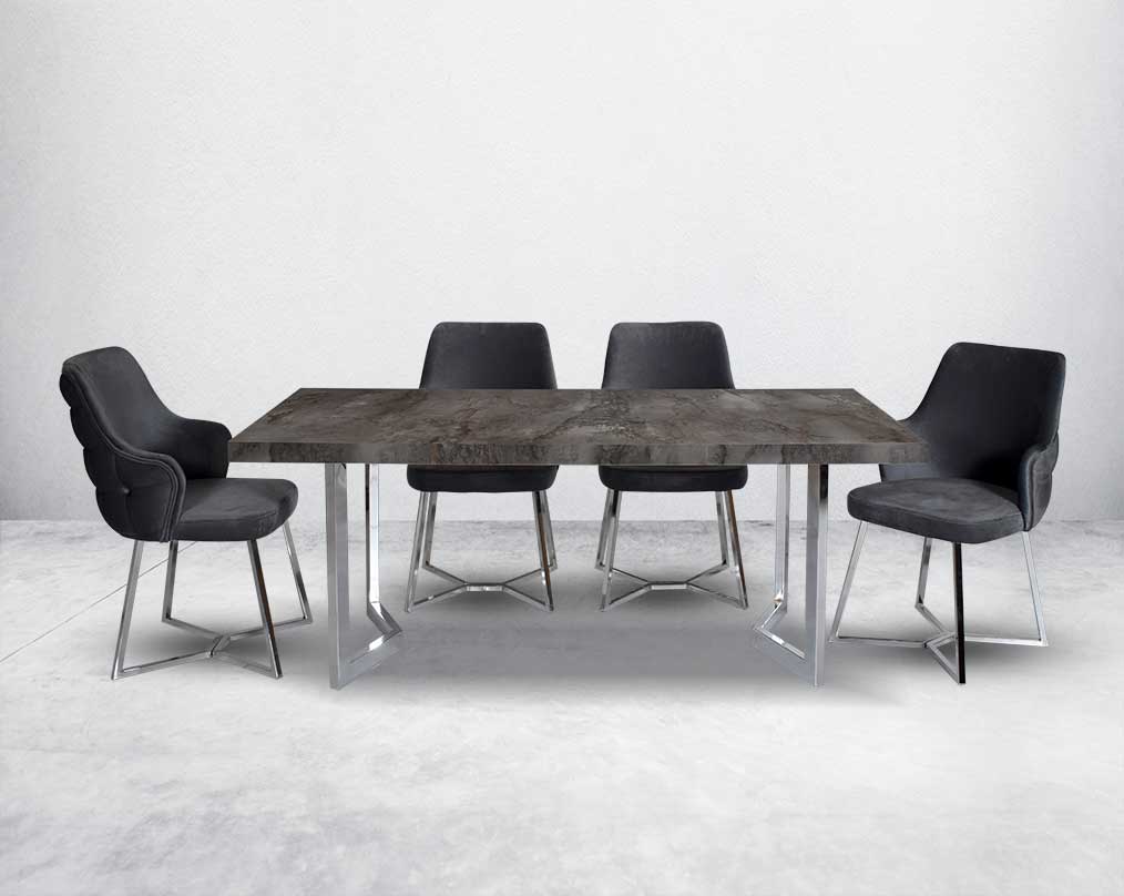 this soft, cushioned dining chair features an extraordinary contemporary design with tufted back and cushioned seat with stainless steel legs. It is upholstered in velvet fabric which will certainly elevate the style of your space