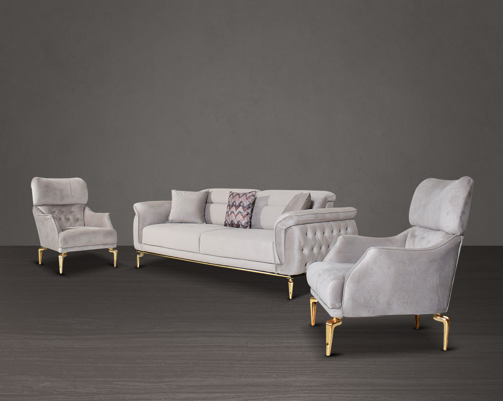 3 +1+1seater sofa upholstered in fabric with tufted back & sides in modern classic design. The backrest is reversible which creates more sitting space