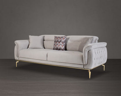 3 seater sofa upholstered in fabric with tufted back & sides in modern classic design. The backrest is reversible which creates more sitting space