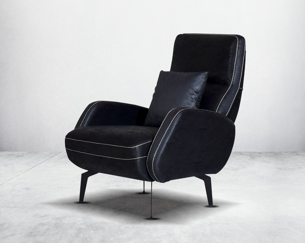 armchair upholstered in fabric with stainless steel black plated legs in modern classic design with 1  cushions and side view