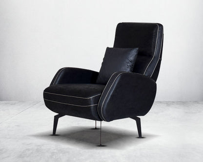 armchair upholstered in fabric with stainless steel black plated legs in modern classic design with 1  cushions and side view