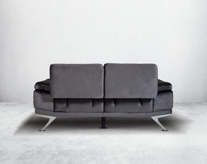 The backrest is reversible which creates more sitting space & can also be used as a sofa bed. The set comes with 2 cushions to compliment it. Beautifully crafted wing armchair upholstered in fabric with tufted back and high gloss stainless steel legs in m