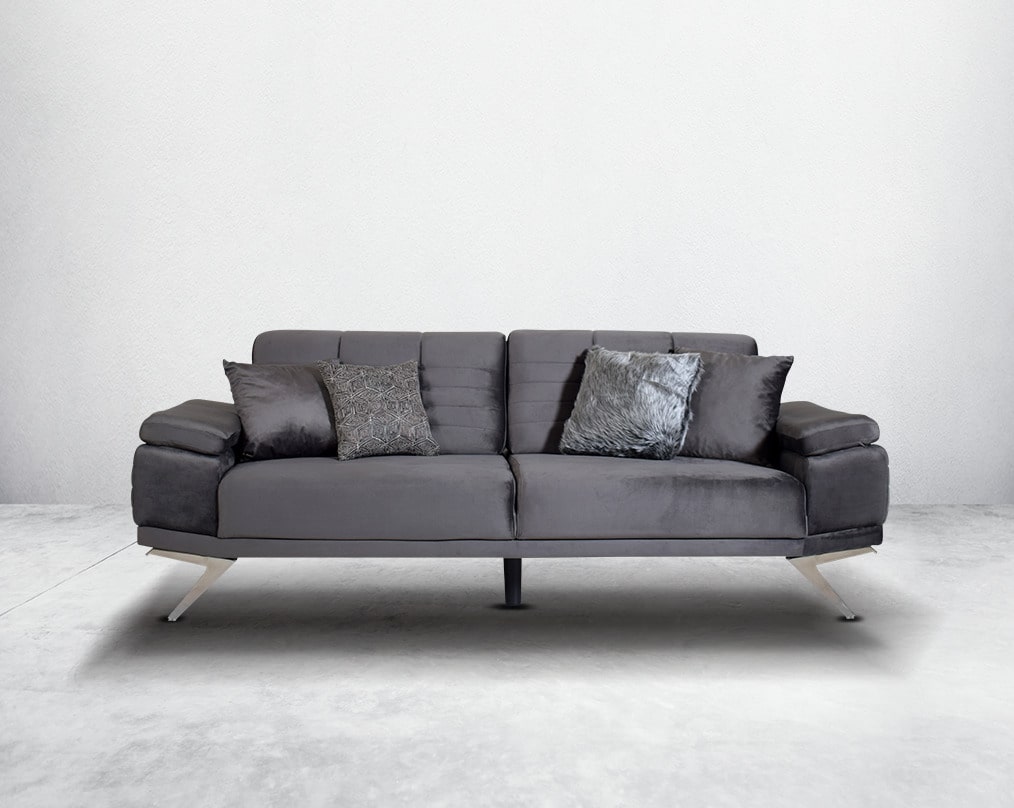 This elegant and sophisticated sofa upholstered in fabric with clean lines, straight shelter arms softened by subtle curves in modern classic design. Horizontal channel quilting is an outstanding design detailed with high gloss stainless steel base.