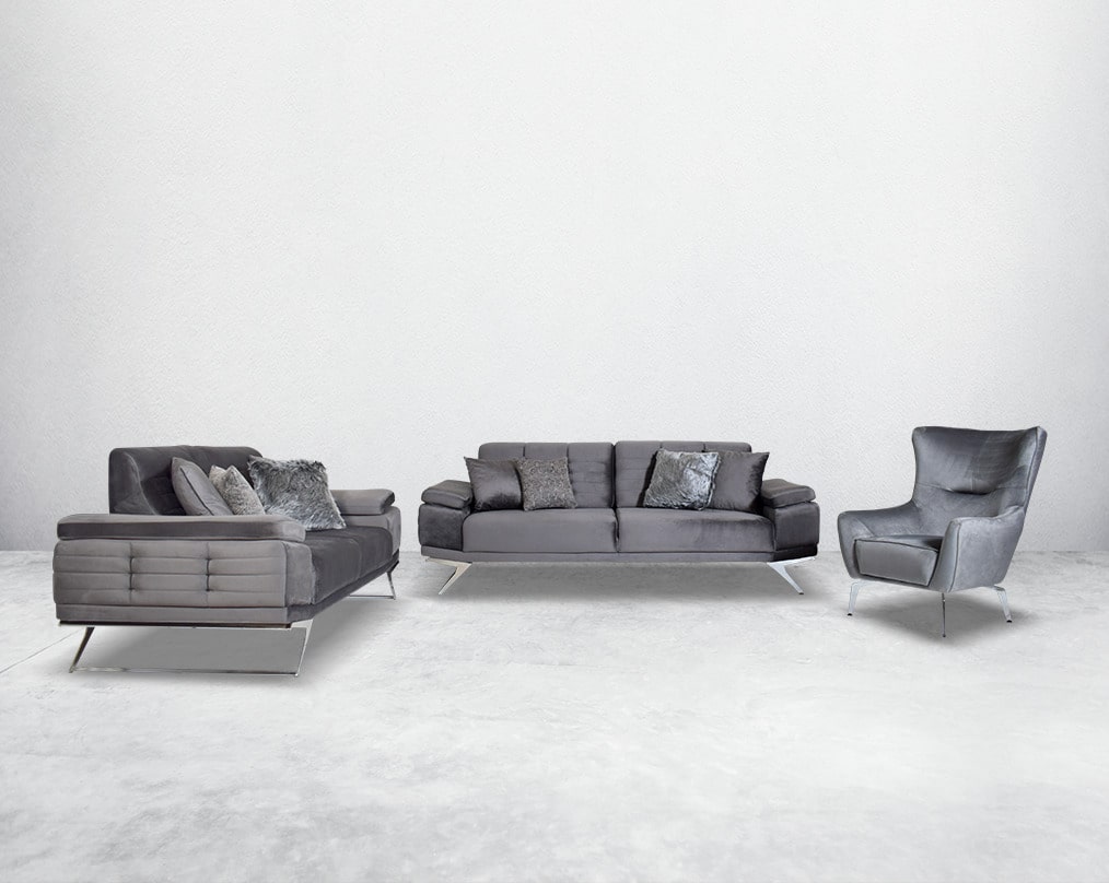 The set comes with 3 cushions to compliment it. Beautifully crafted wing armchair upholstered in fabric with tufted back and high gloss stainless steel legs in modern classic design.