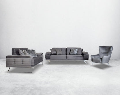 The set comes with 3 cushions to compliment it. Beautifully crafted wing armchair upholstered in fabric with tufted back and high gloss stainless steel legs in modern classic design.