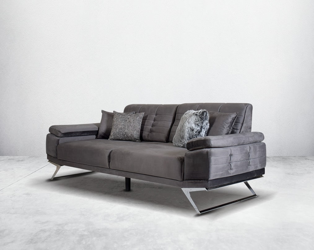 This elegant and sophisticated sofa upholstered in fabric with clean lines, straight shelter arms softened by subtle curves in modern classic design. Horizontal channel quilting is an outstanding design detailed with high gloss stainless steel base.