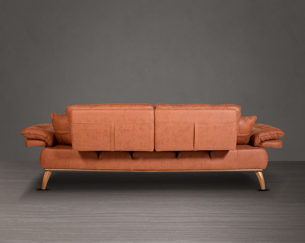 3 seater sofa upholstered in fabric in modern classic design with 2 cushions back view