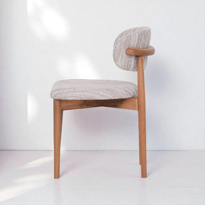 Chair with wooden frame and gray cushioned seat and backrest on a white background
