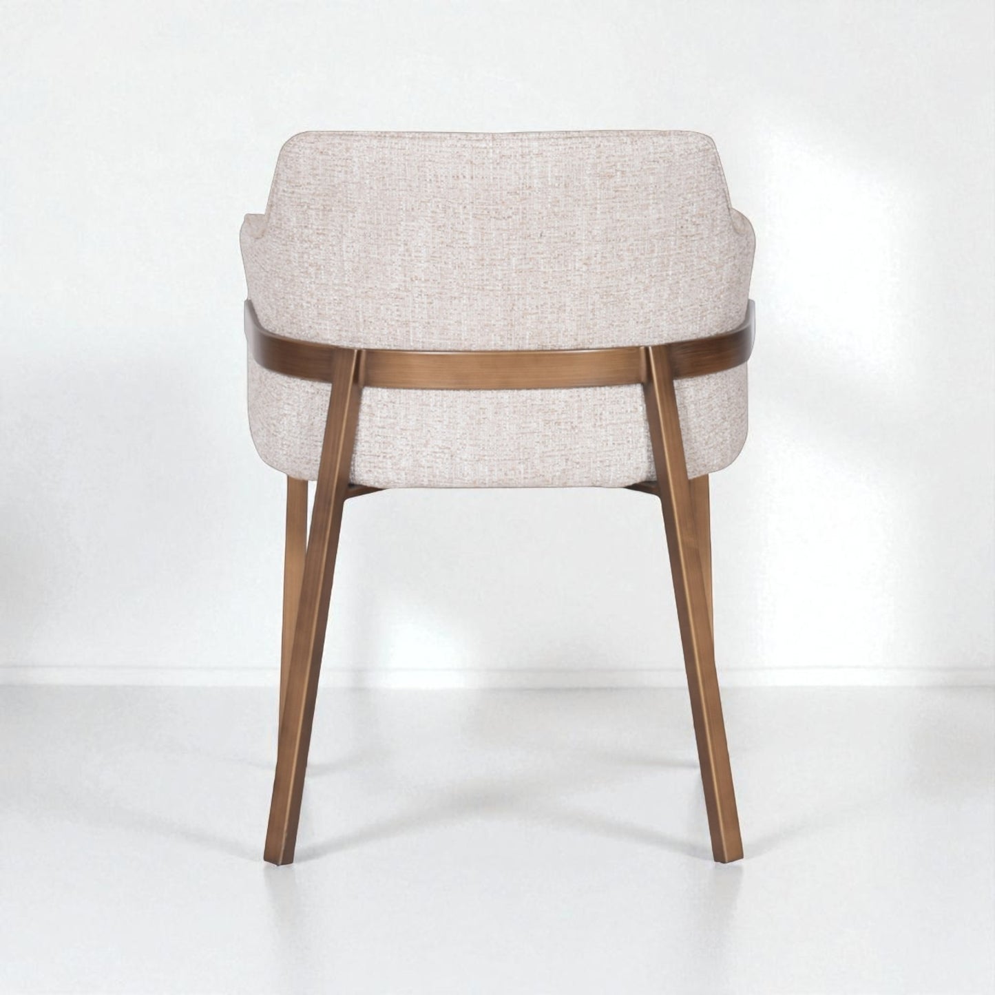 Chair with beige cushioned seat and wooden frame on a white background