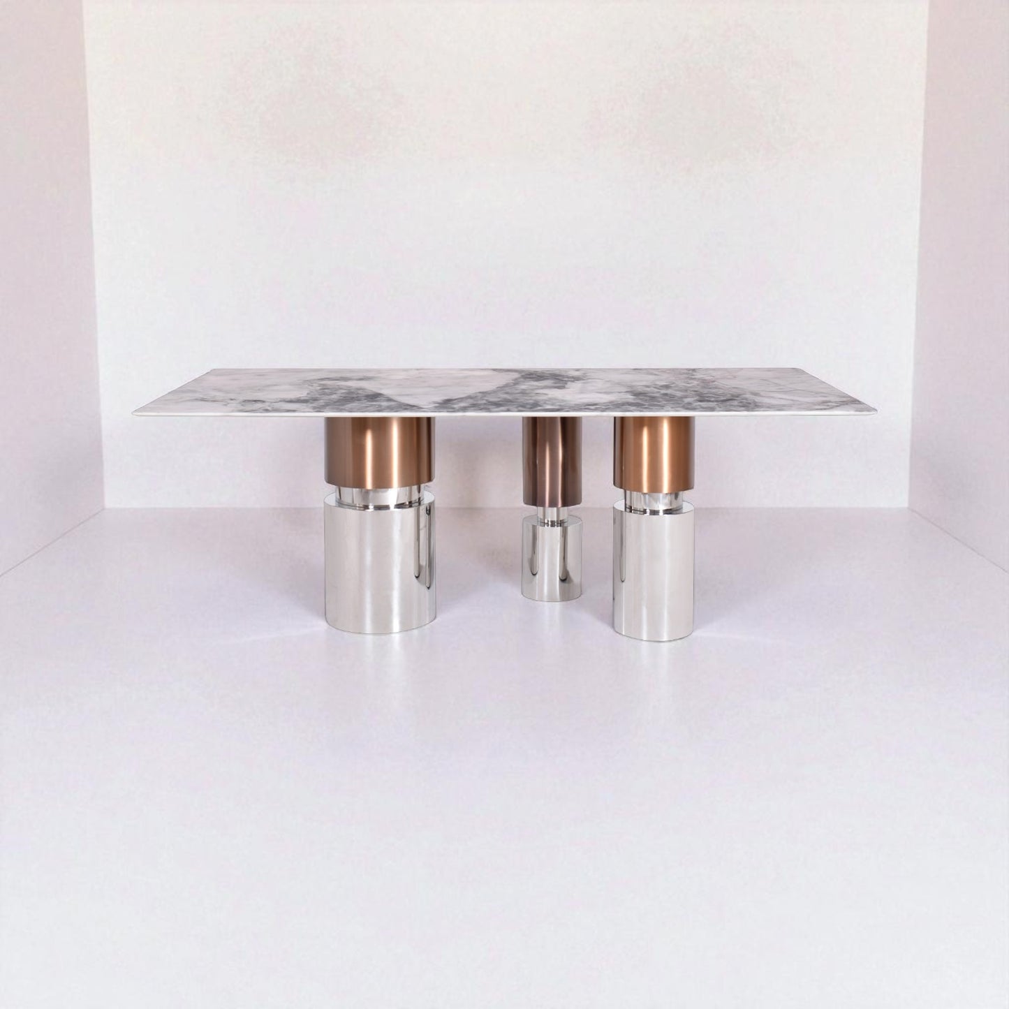 Modern coffee table with marble top and metallic legs on a white background