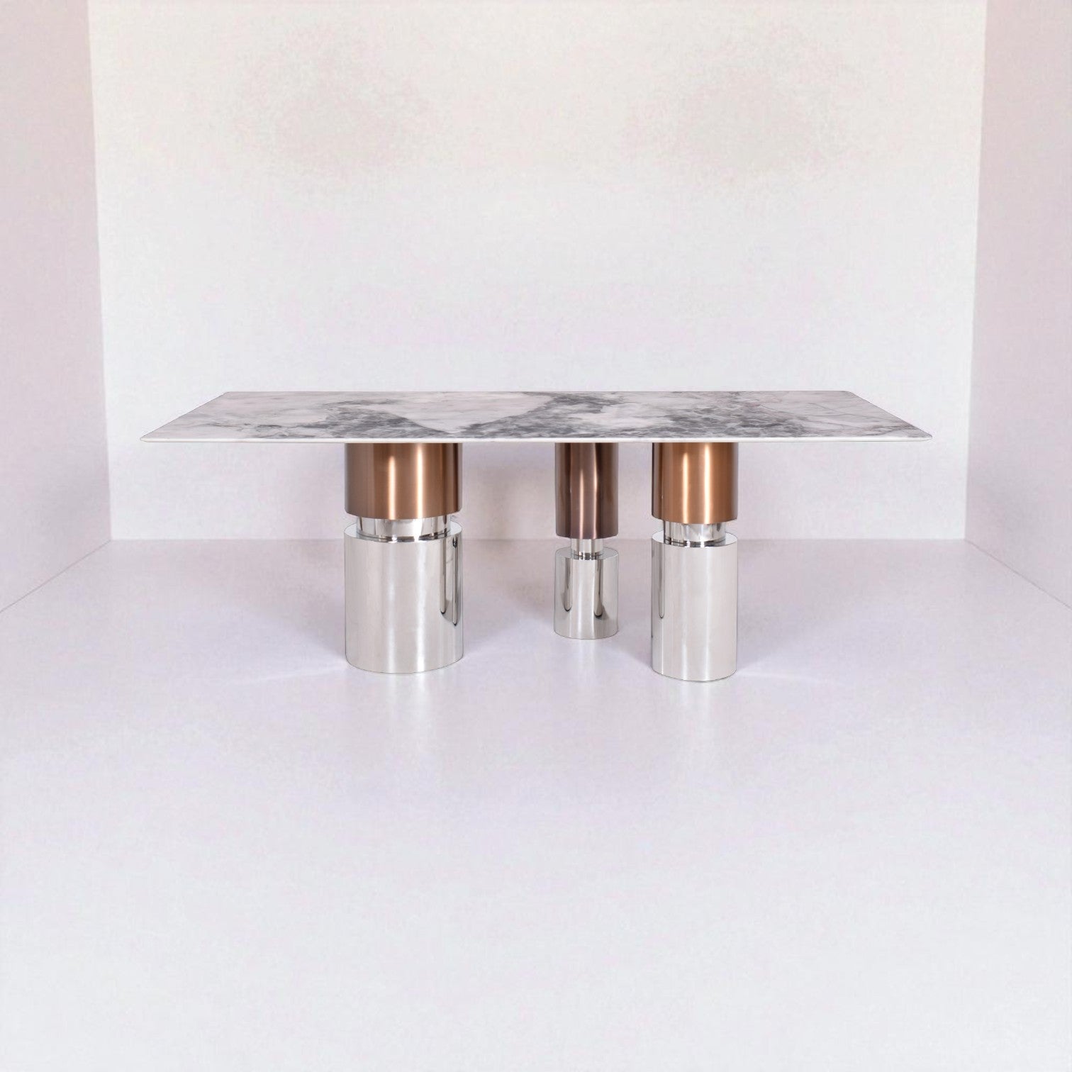 Modern coffee table with marble top and metallic legs on a white background