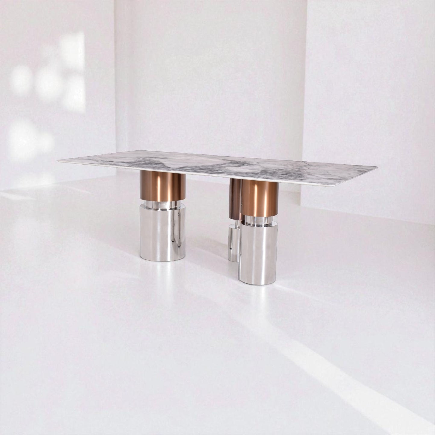 Modern table with marble top and metallic legs on a white background