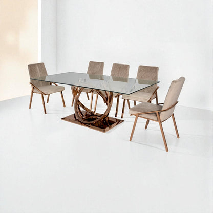 Dining table with glass top and unique base design, surrounded by six chairs on a white background