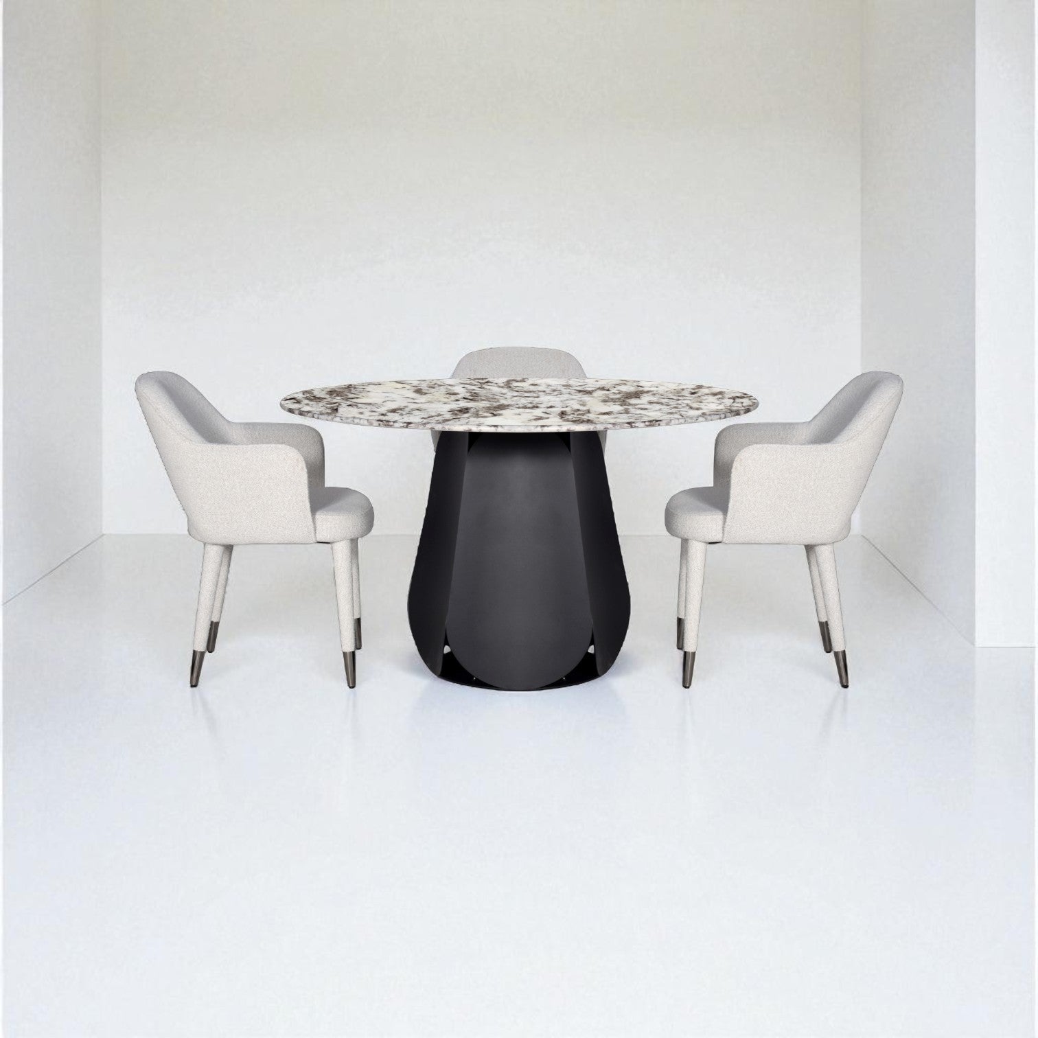 Dining table with a patterned top and black base, surrounded by four chairs on a white background