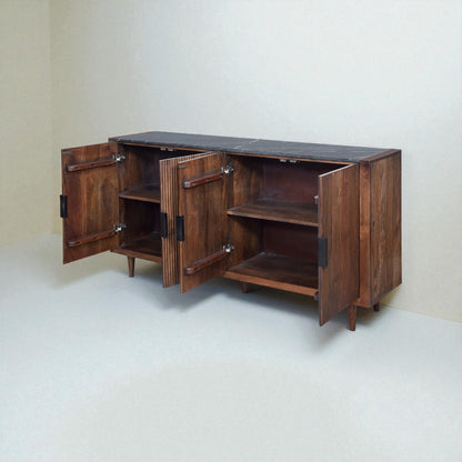 Wooden sideboard with open doors on a white background