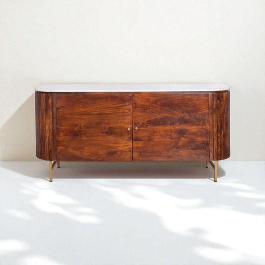 Wooden sideboard with a white top on a white background