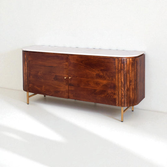 Wooden sideboard with curved design on a white background