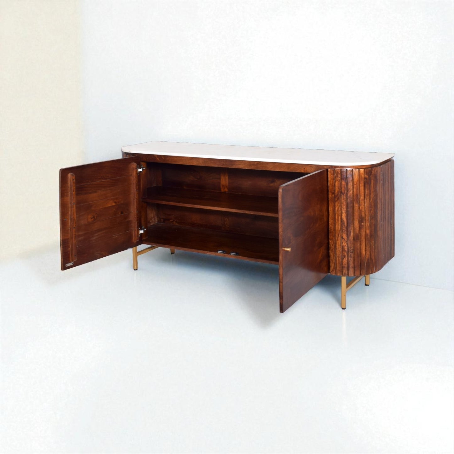 Wooden sideboard with open doors on a white background