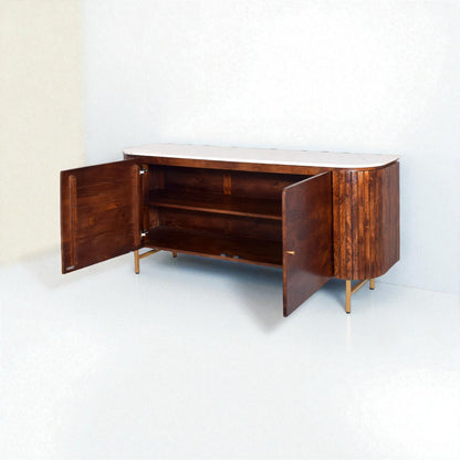 Wooden sideboard with open doors on a white background