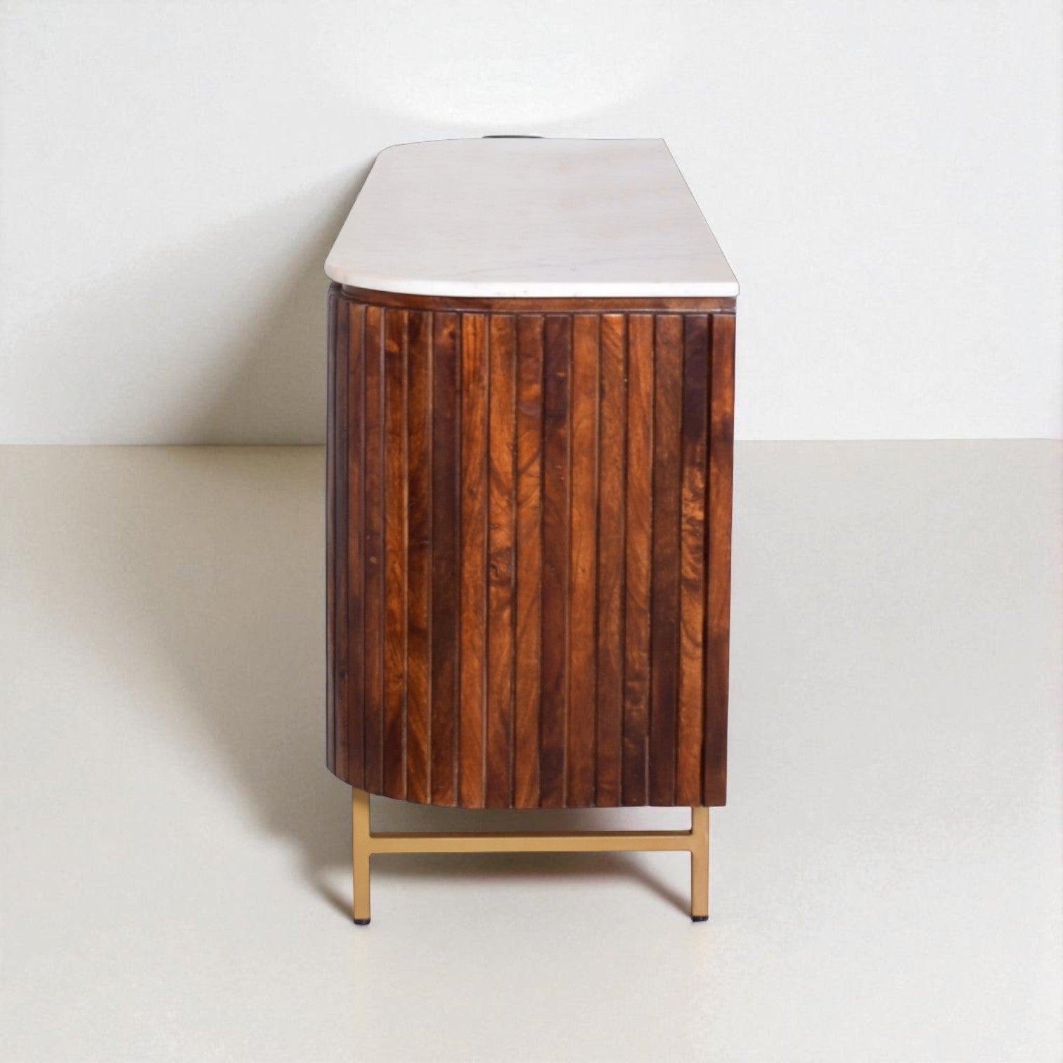Wooden side table with a white top on a plain background