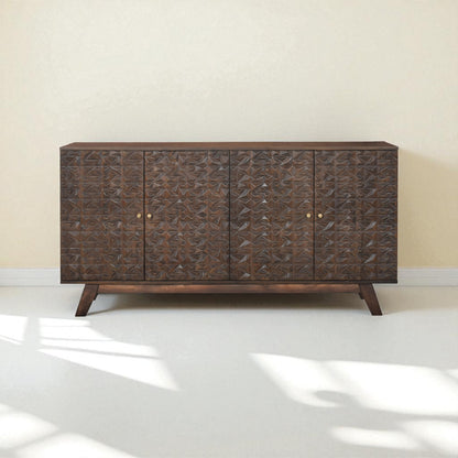 Wooden sideboard with decorative pattern on a white floor and beige wall