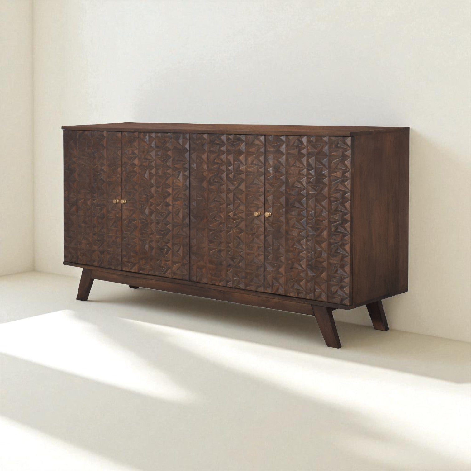 Wooden sideboard with geometric pattern on a white background