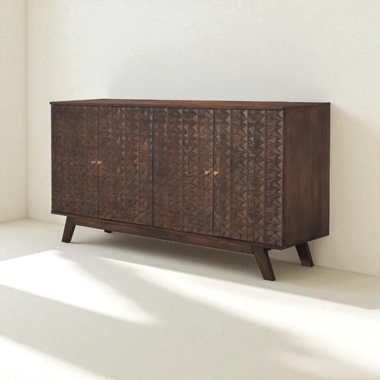 Wooden sideboard with geometric pattern on a white background