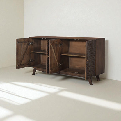 Wooden cabinet with open doors on a light floor and white wall