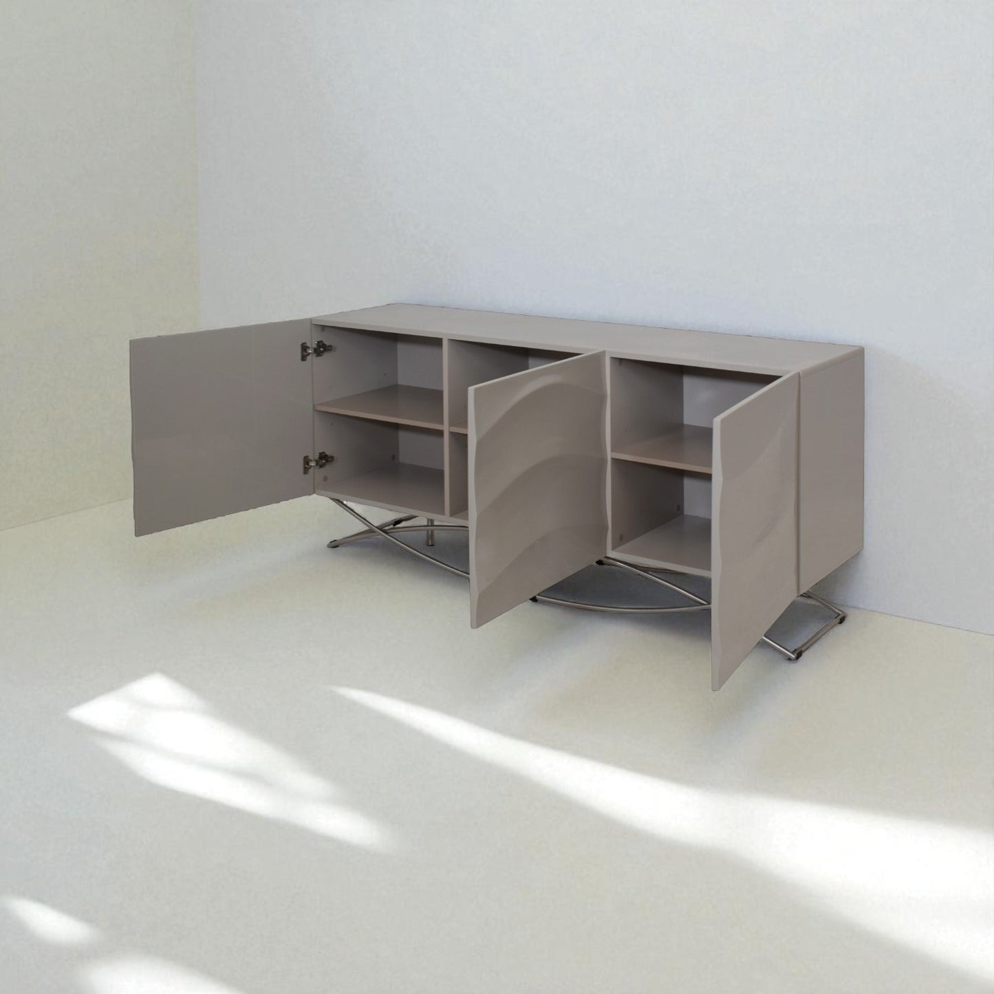 Modern beige sideboard with open doors on a white floor and wall