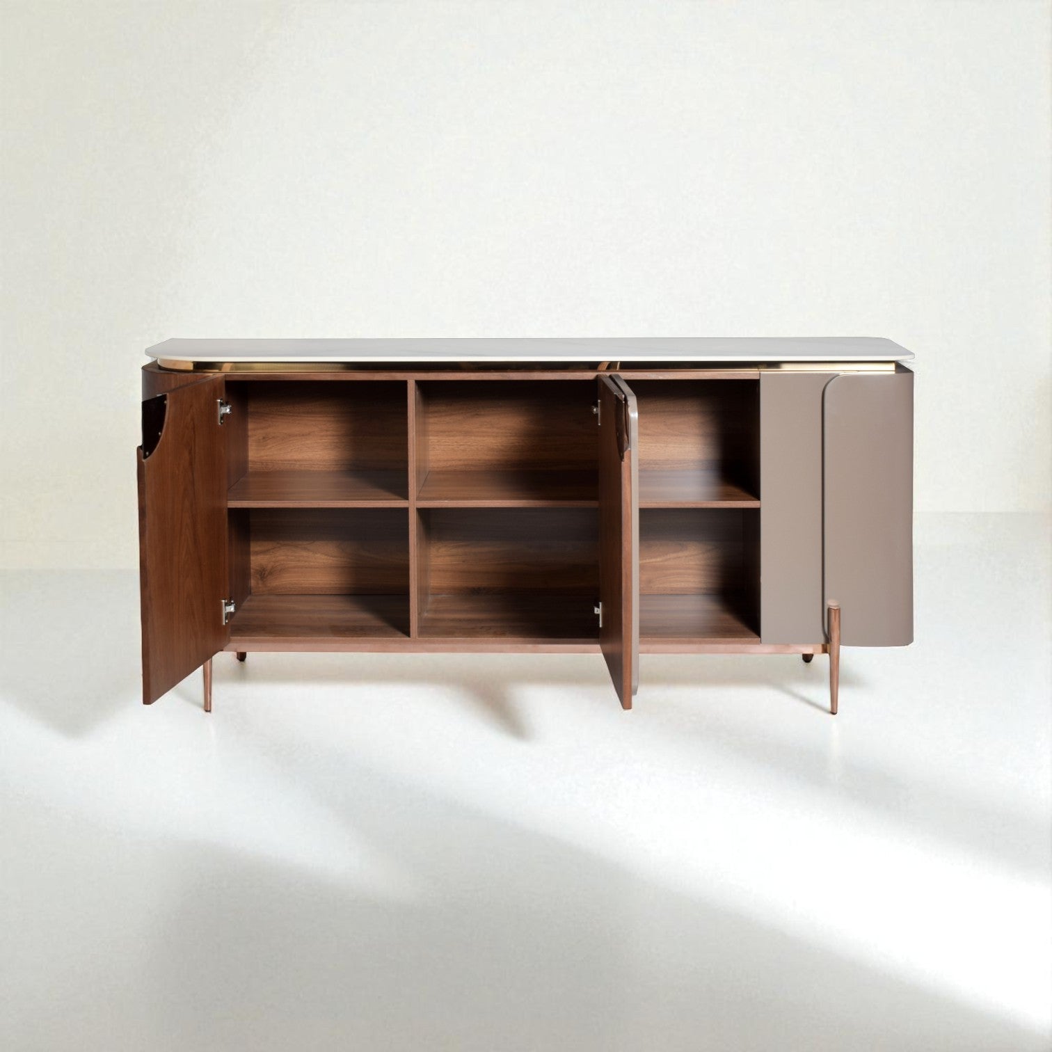 Wooden sideboard with open doors on a white background