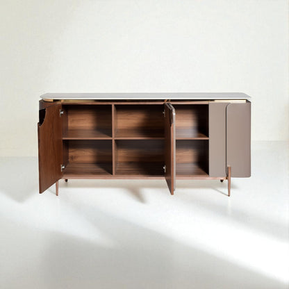 Wooden sideboard with open doors on a white background