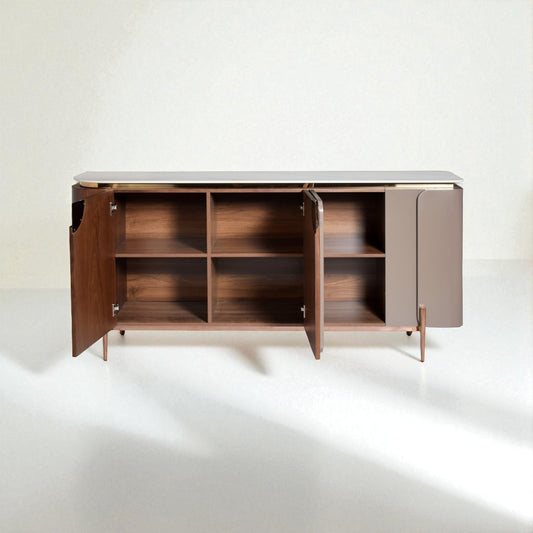 Wooden sideboard with open doors on a white background