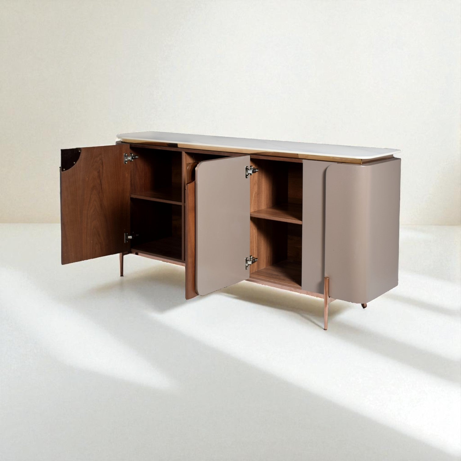 Modern sideboard with open doors on a white background