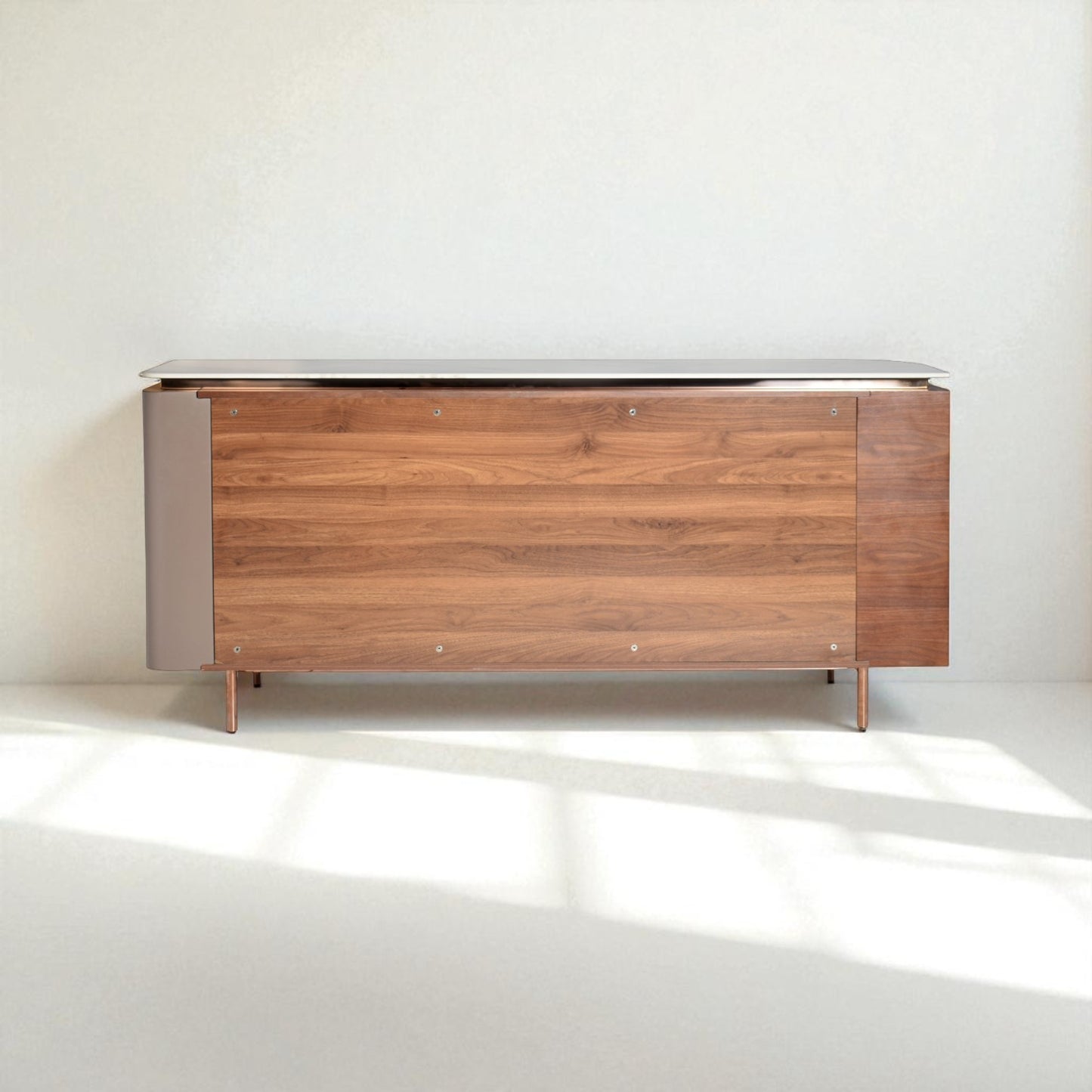 Wooden sideboard with metal accents on a white background