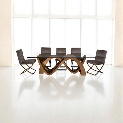 Modern dining table with chairs in a bright room