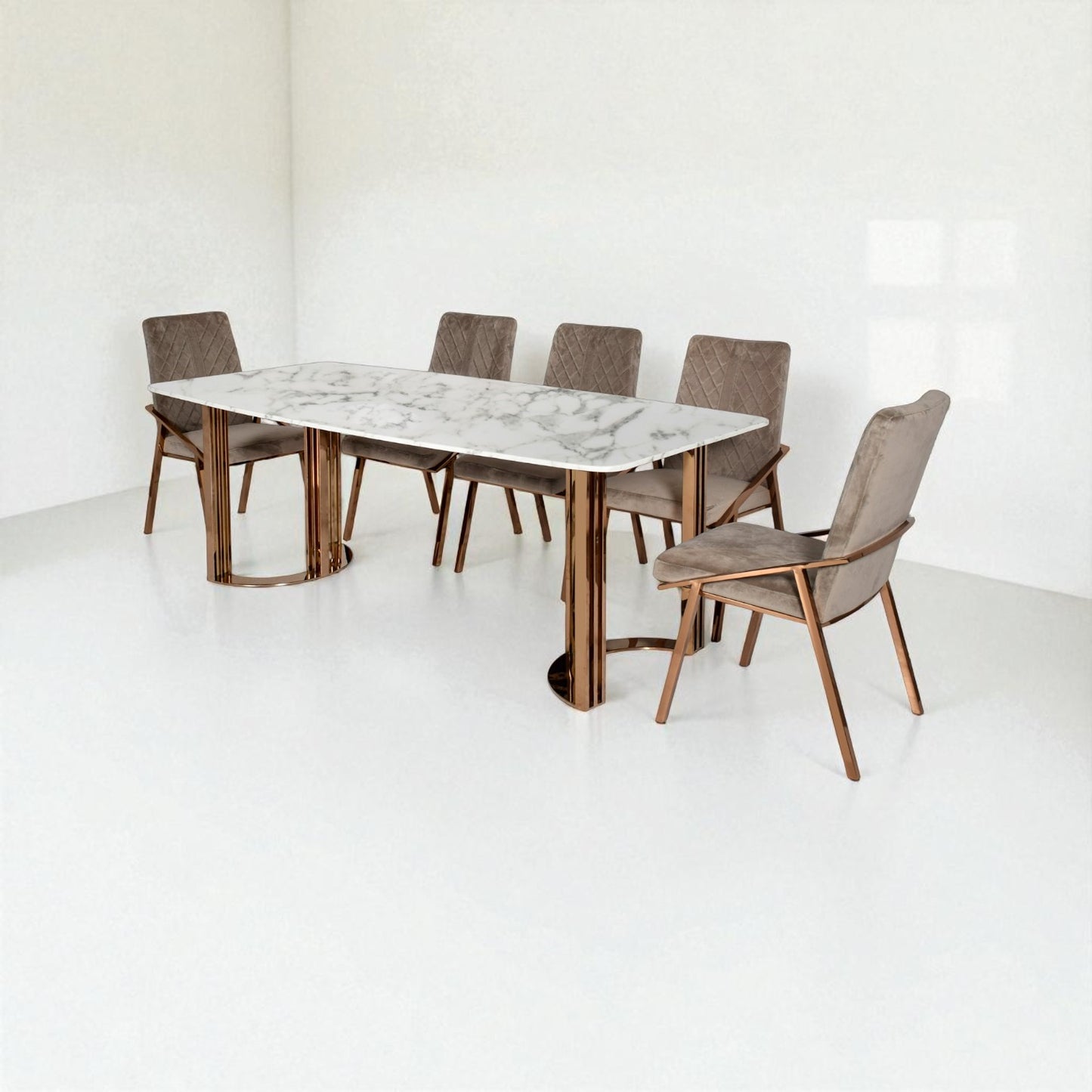 Dining table with marble top and six chairs in a minimalistic setting