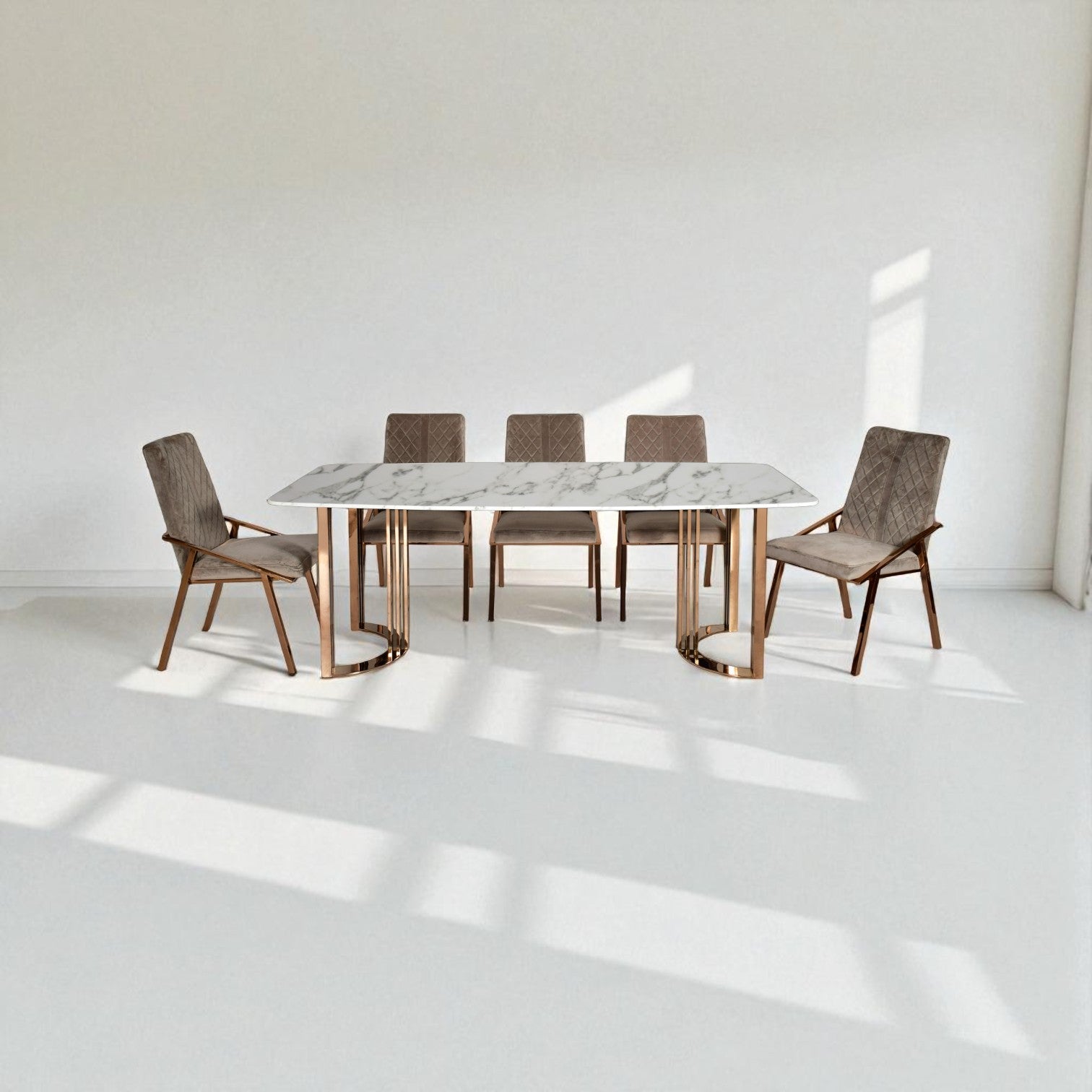 Dining table with six chairs in a minimalistic room
