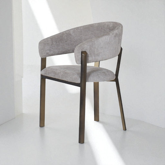 Gray upholstered chair with wooden legs on a white background