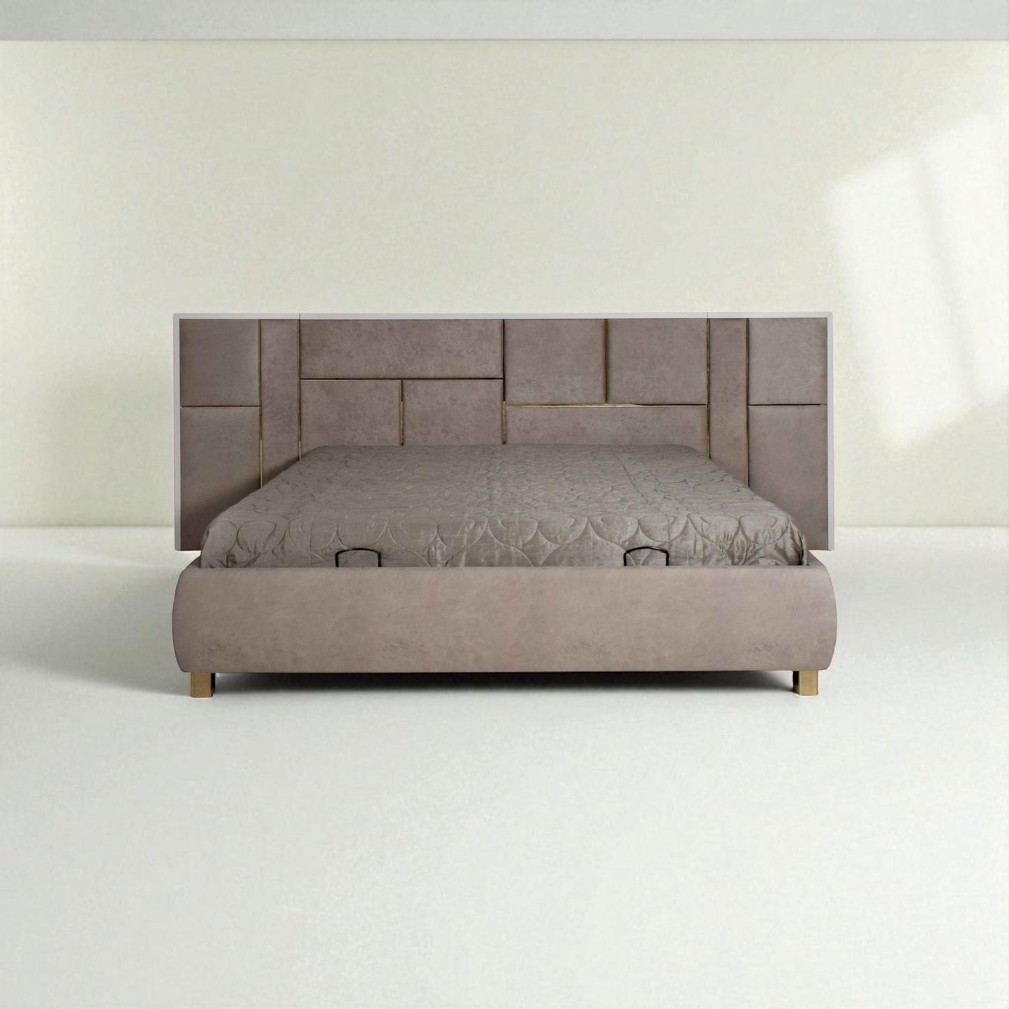 Beige upholstered bed with geometric headboard on a white background