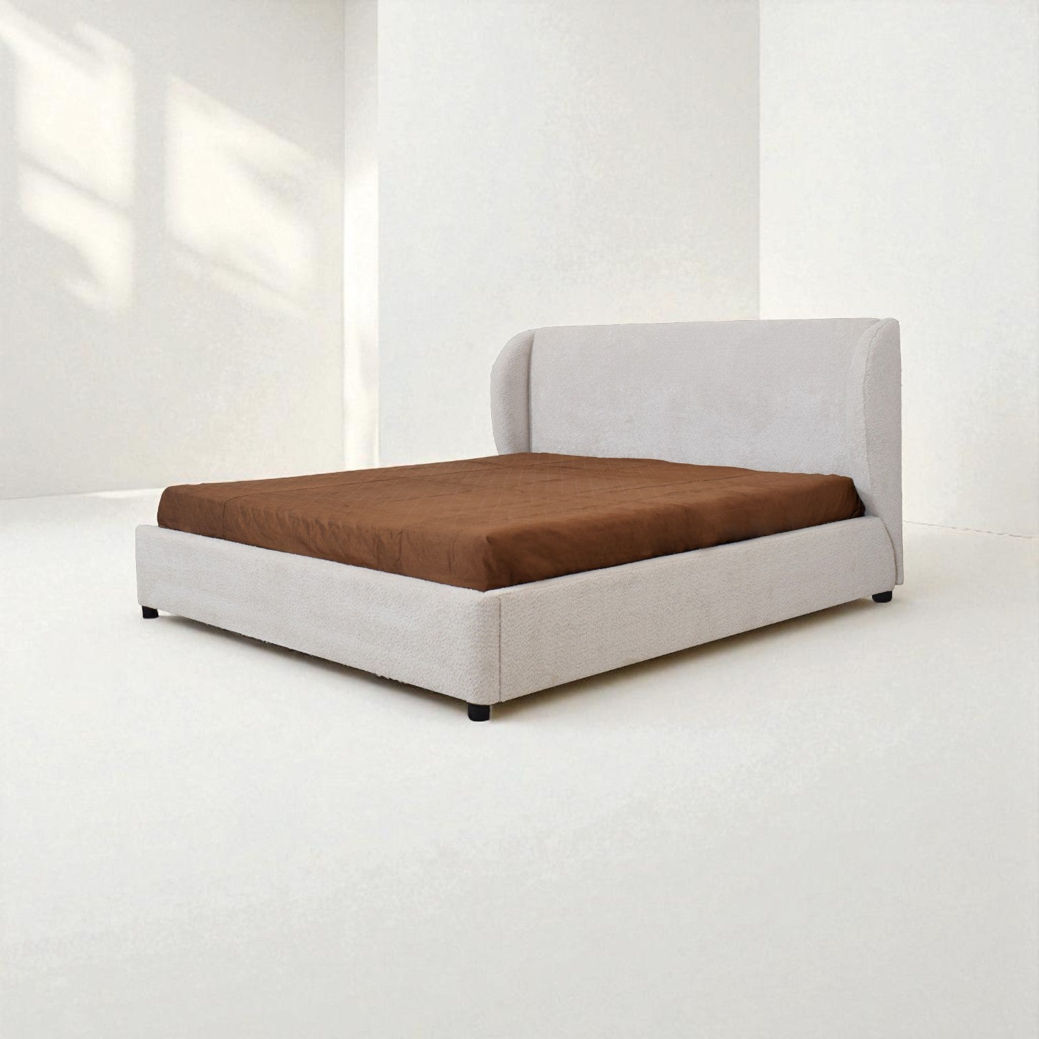 Beige bed with brown mattress cover on a white background