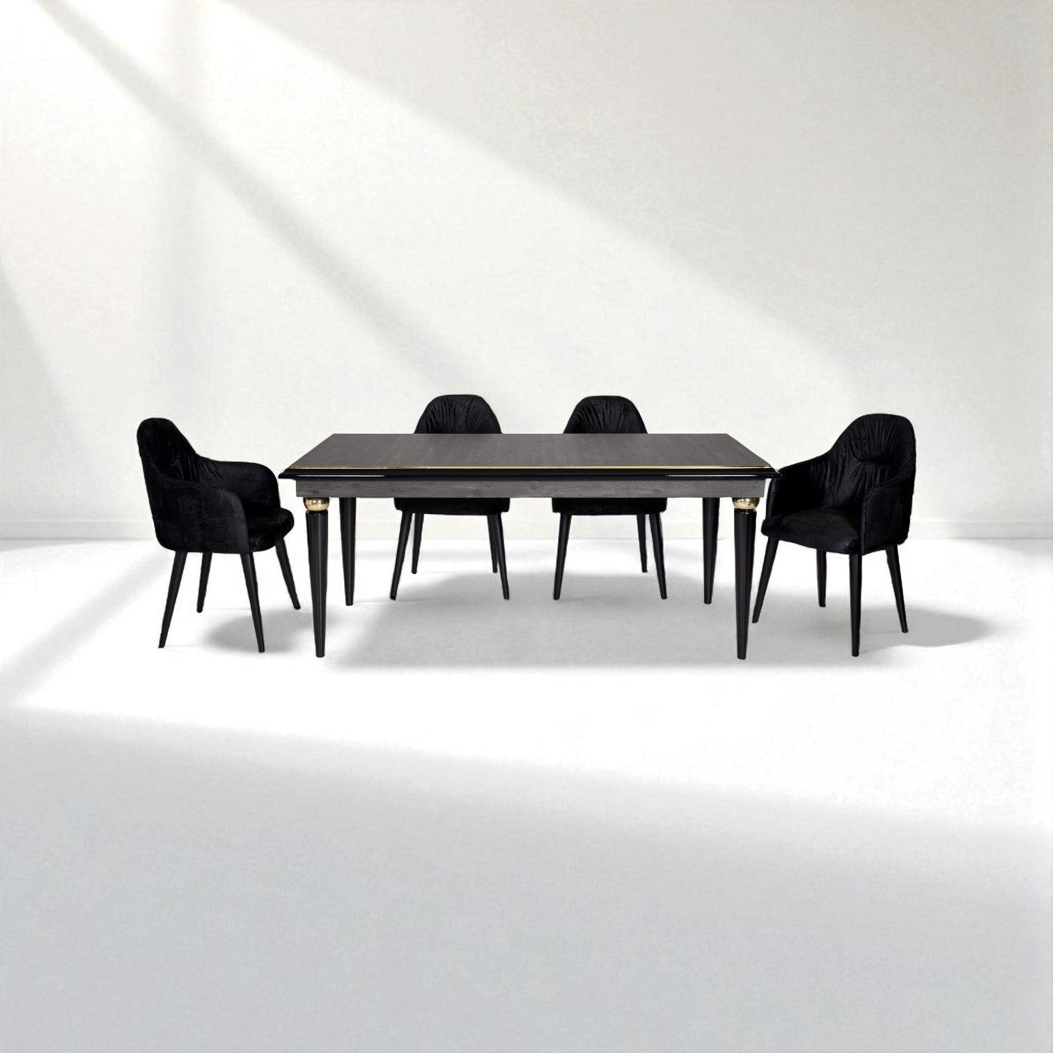 Dining table with four black chairs on a white background