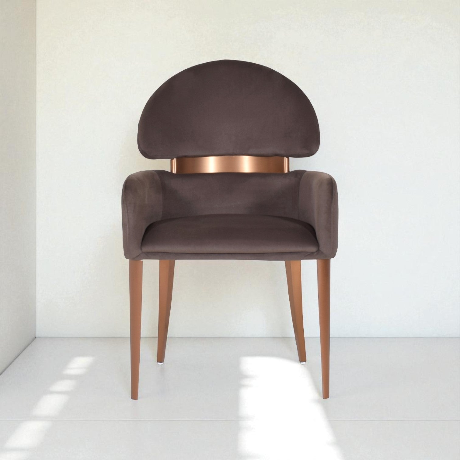 Modern chair with brown cushioned seat and backrest on a white background
