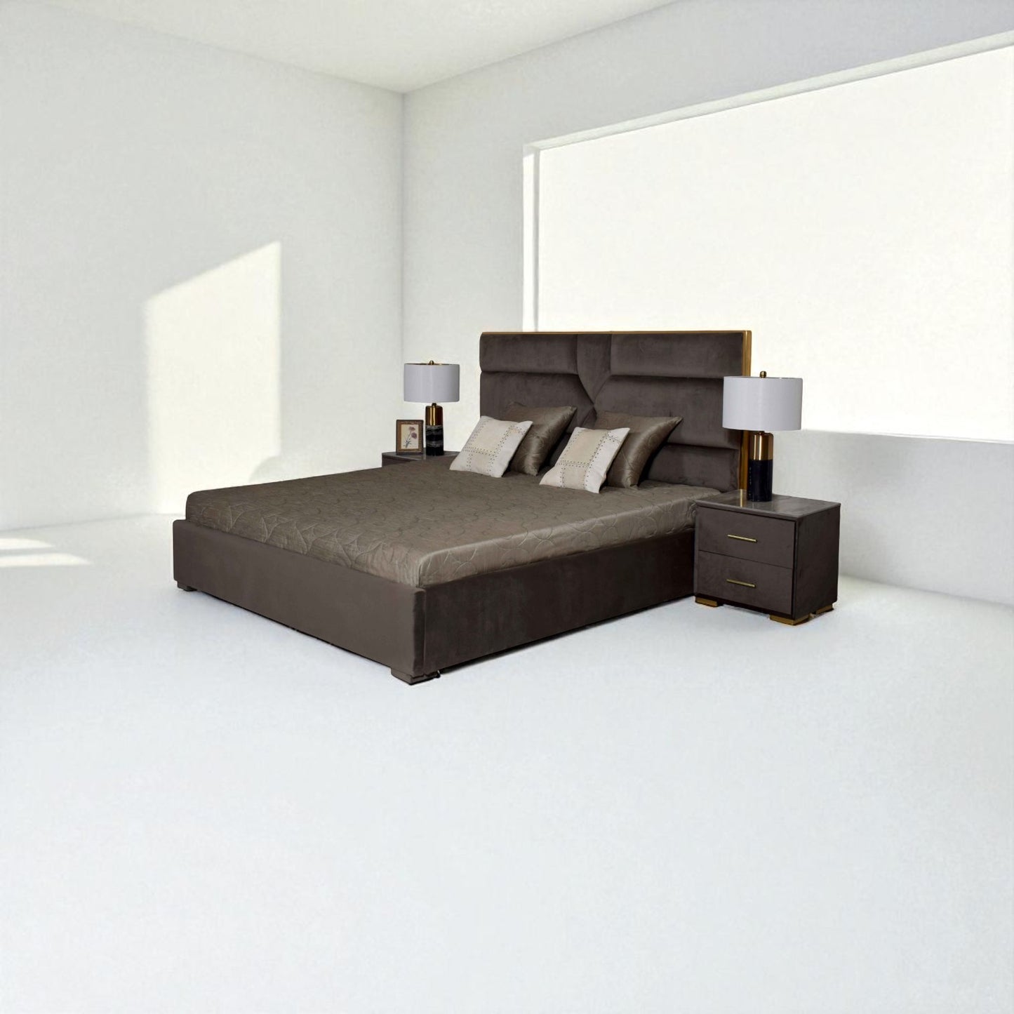 Modern bedroom setup with a brown bed, nightstands, and lamps in a minimalistic room.