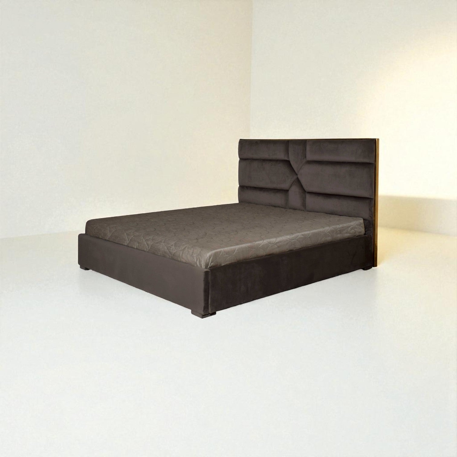 Brown upholstered bed with headboard on a white background